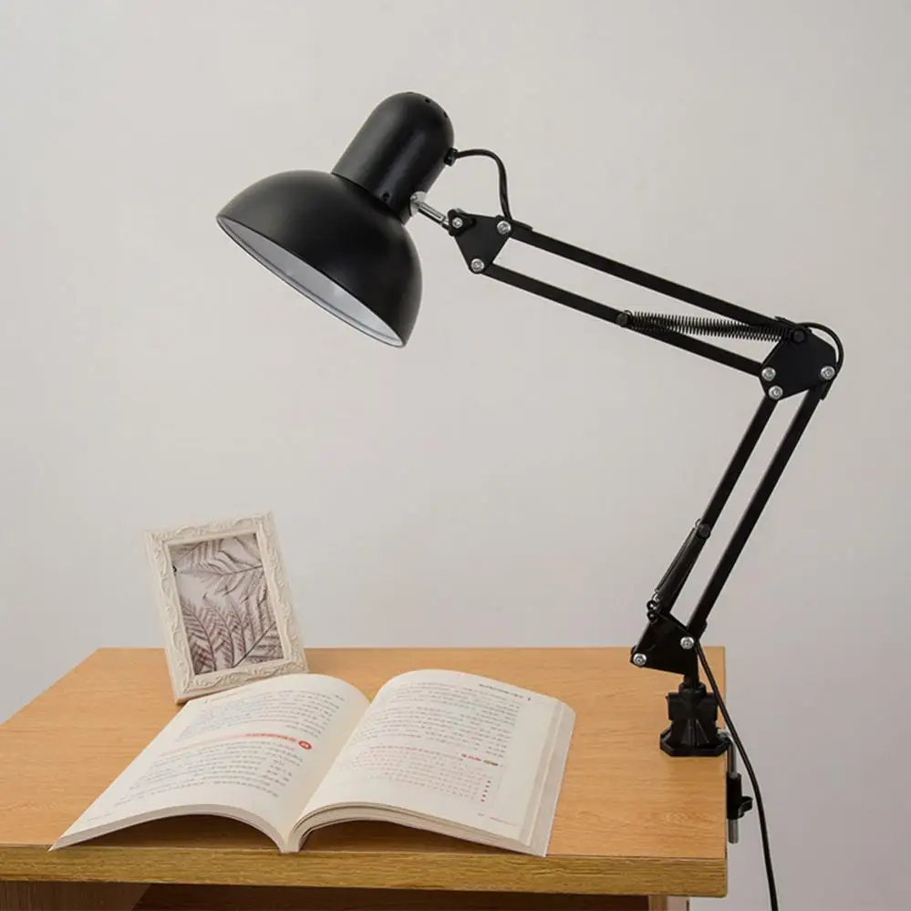 Black Flexible Swing Arm Clamp Mount Desk Lamp with Base and Key Switch Support Bulb for Home / Office