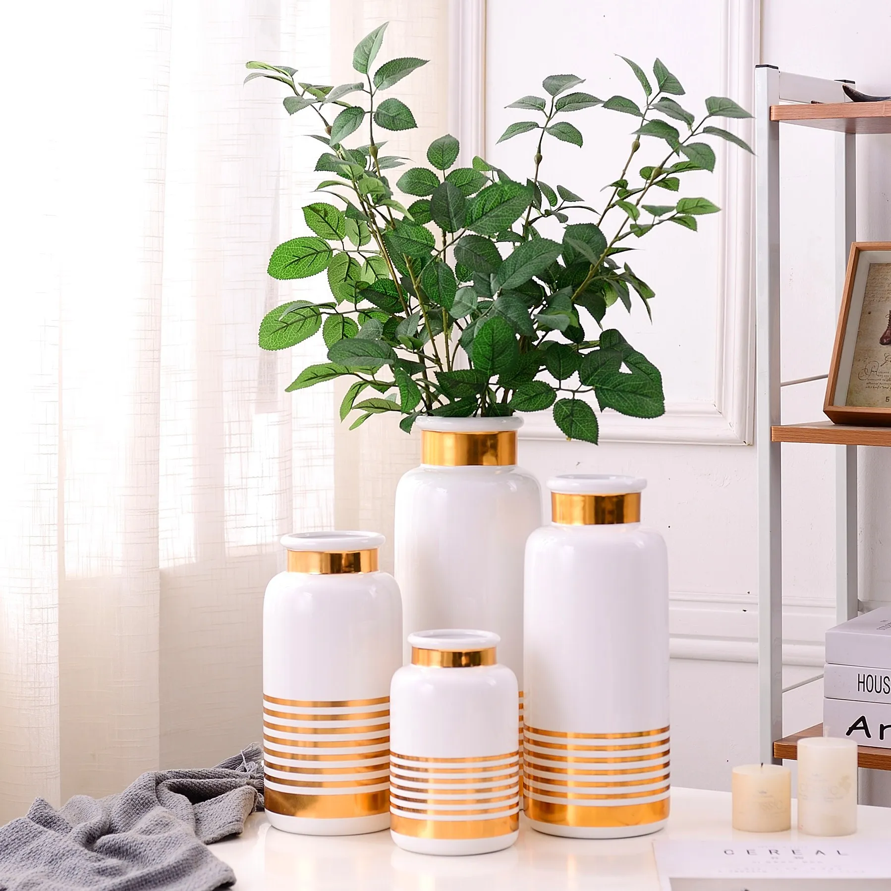  Simple modern white & black with gold line Cylinder Shape ceramic vases for home