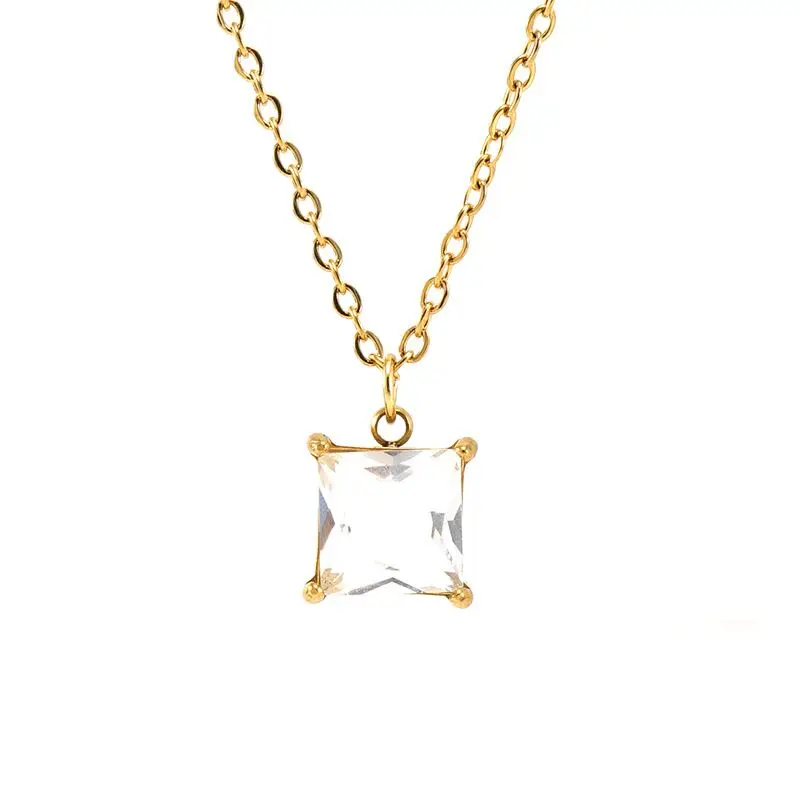 Wholesale Trendy Blue Green Black 10MM Zirconia Jewelry Stainless Steel 18K Gold Plated Square Zircon Diamond Pendant Necklace