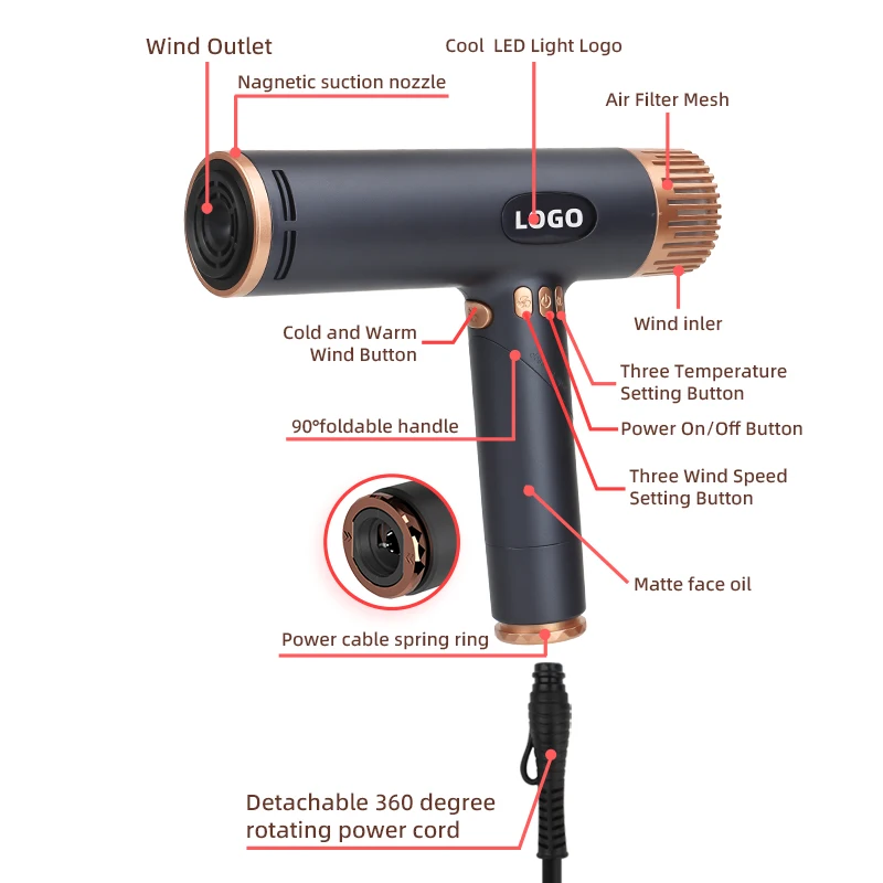 Customized Brand Logo Professional Long Life BLDC Motor Powerful High Speed Ionic Foldable Hair Dryer