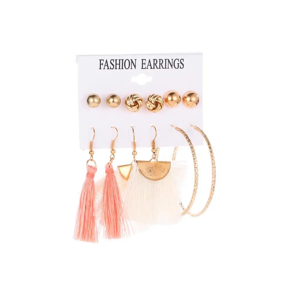 JER-197006 6 Pairs Pack Stud Lady Small Pack New Fashion Tassel Drop Boho Earring Set