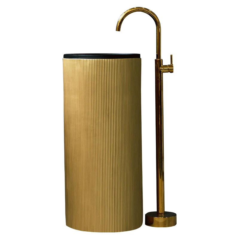 Hotel 2022 Hot Selling gold Marble bathroom wash basin artificial solid surface Floor free stand Pedestal basin sink
