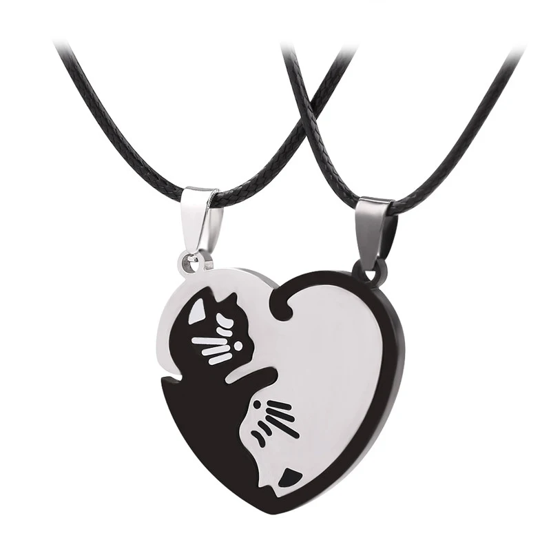 1 Pair Couple Love White Black Cat Hug Together Stainless steel Pendants Necklace Waterproof Anti Allergic