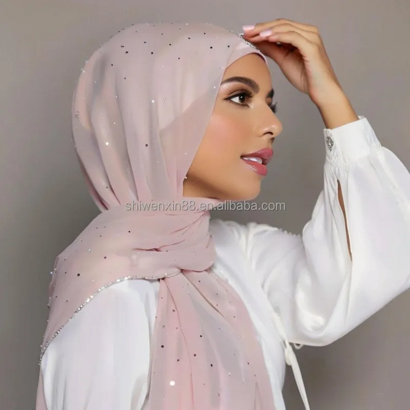 Factory Direct Sale Glitter Muslim Hijab Scarf Women Rhinestone Summer Solid Color Soft Wrinkle Shiny Satin Long Hijab Shawl