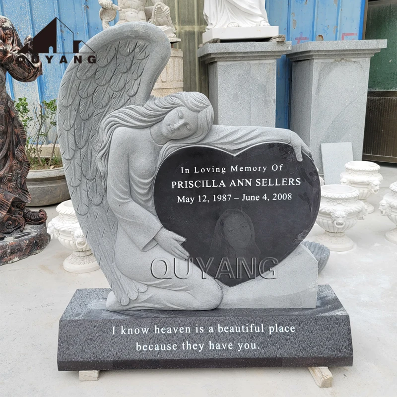 QUYANG Hand Carved Commemorative Natural Black Granite Large Angel Statue Love Tombstone Monument