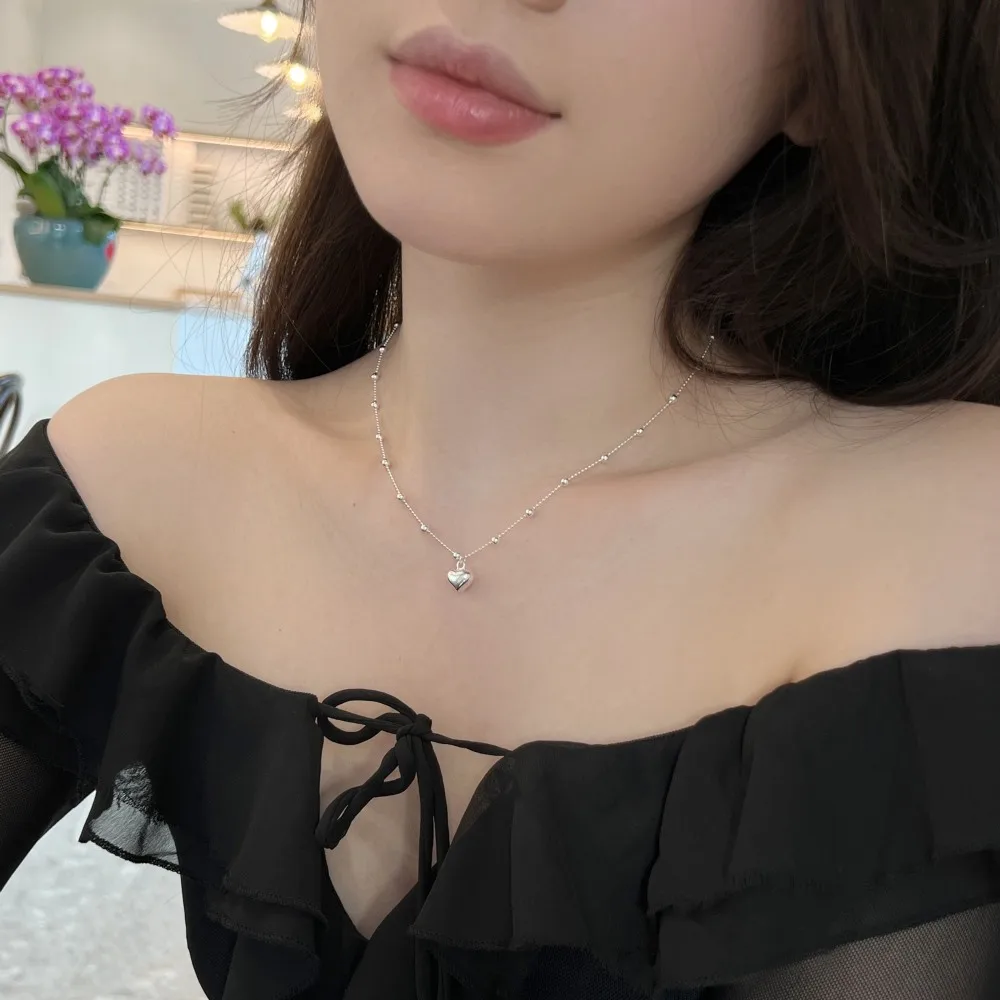 Dylam Simplicity Statement Design 925 Sterling Silver Rhodium Plated Beaded Chain Metal Heart Shape Pendant Jewelry Necklace