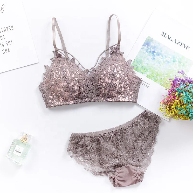 
1931 Girls Gathered Push Up Sexy Wireless Brassiere Briefs Embroidery Lace Bra Sets 