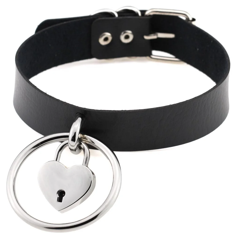 Sexy Fashion Harajuku Handmade Leather Choker belt Rock Punk Goth Collar belt O-Round Heart Lock Stud Necklace