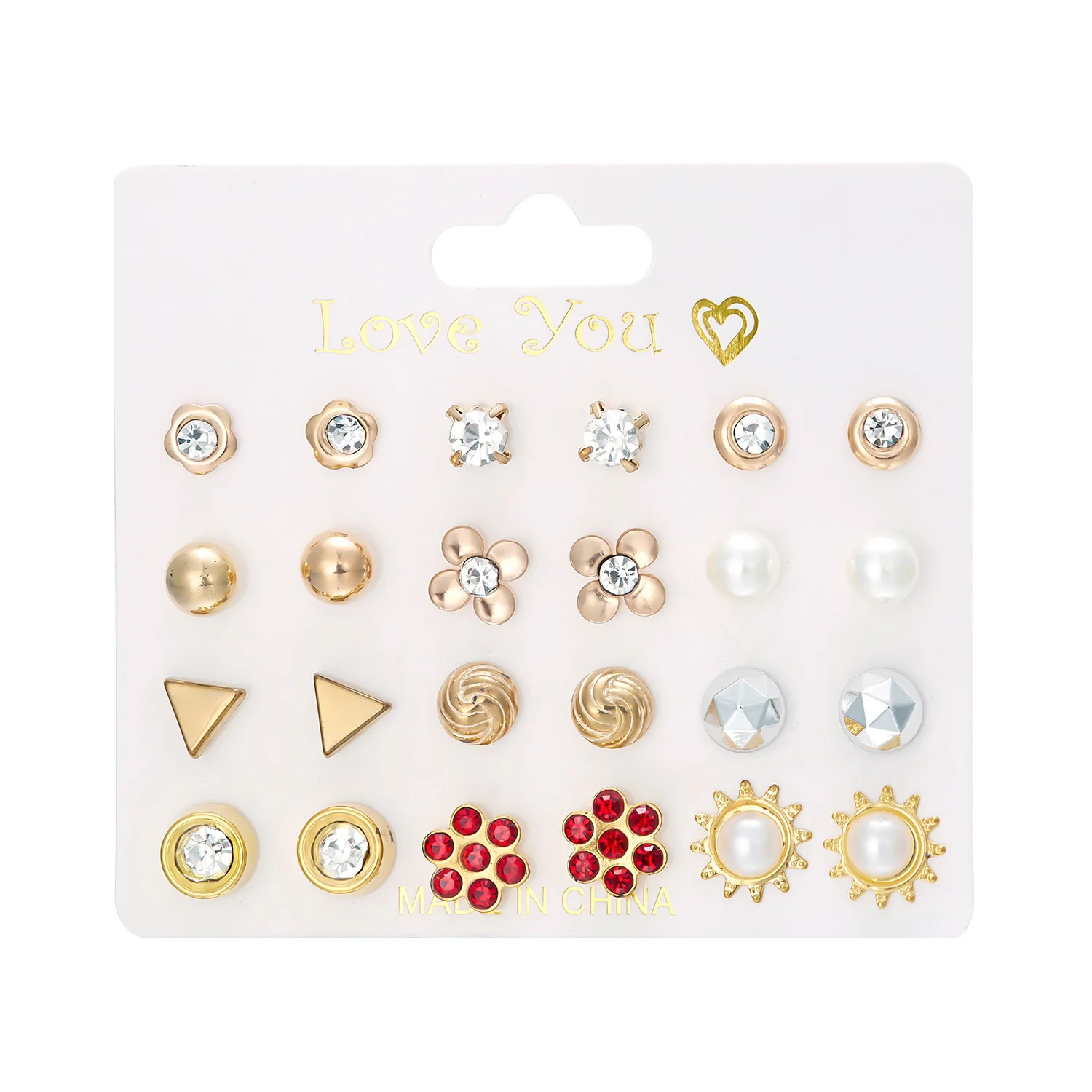 12 pairs of flower imitation pearl with diamond earrings round beads multi-color earrings set fashion temperament earrings
