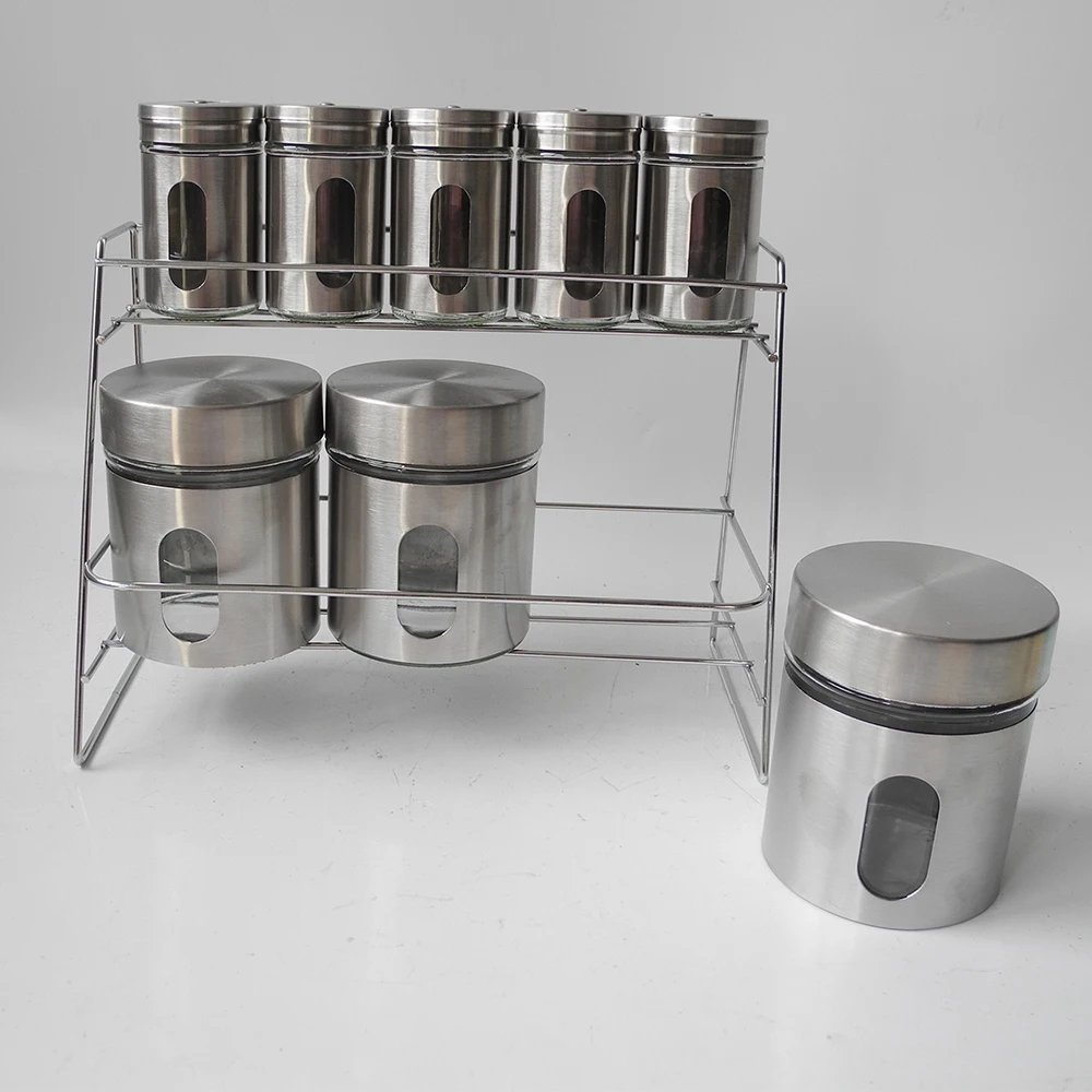 set of 8 Hot Sale Empty Stainless Steel Spice Jar Set Powder Containers Pepper Salt Bottles Set With Lid Glass Jar Spice Rack