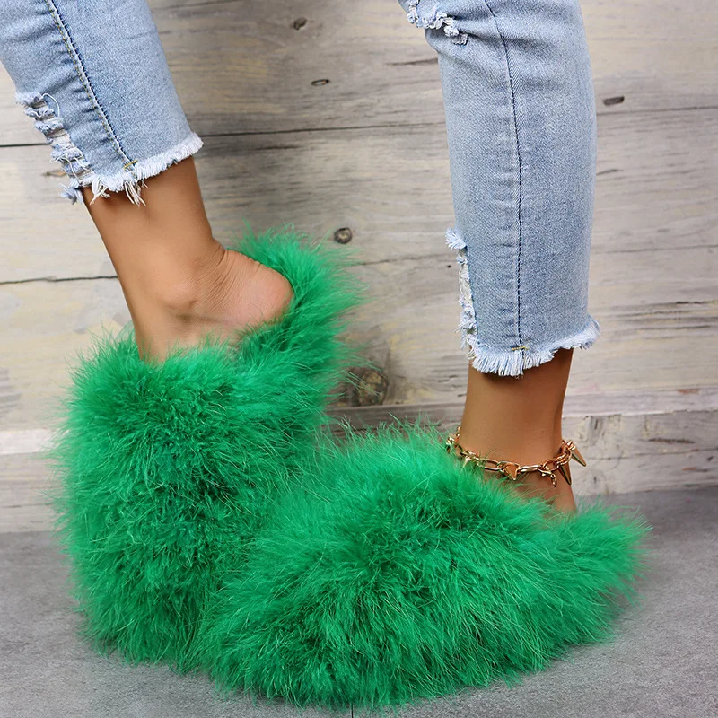 BUSY GIRL LQ4790 2023 Winter Warm Fashion Fluffy Slides Slippers For Women Faux Mongolian Fur Slippers