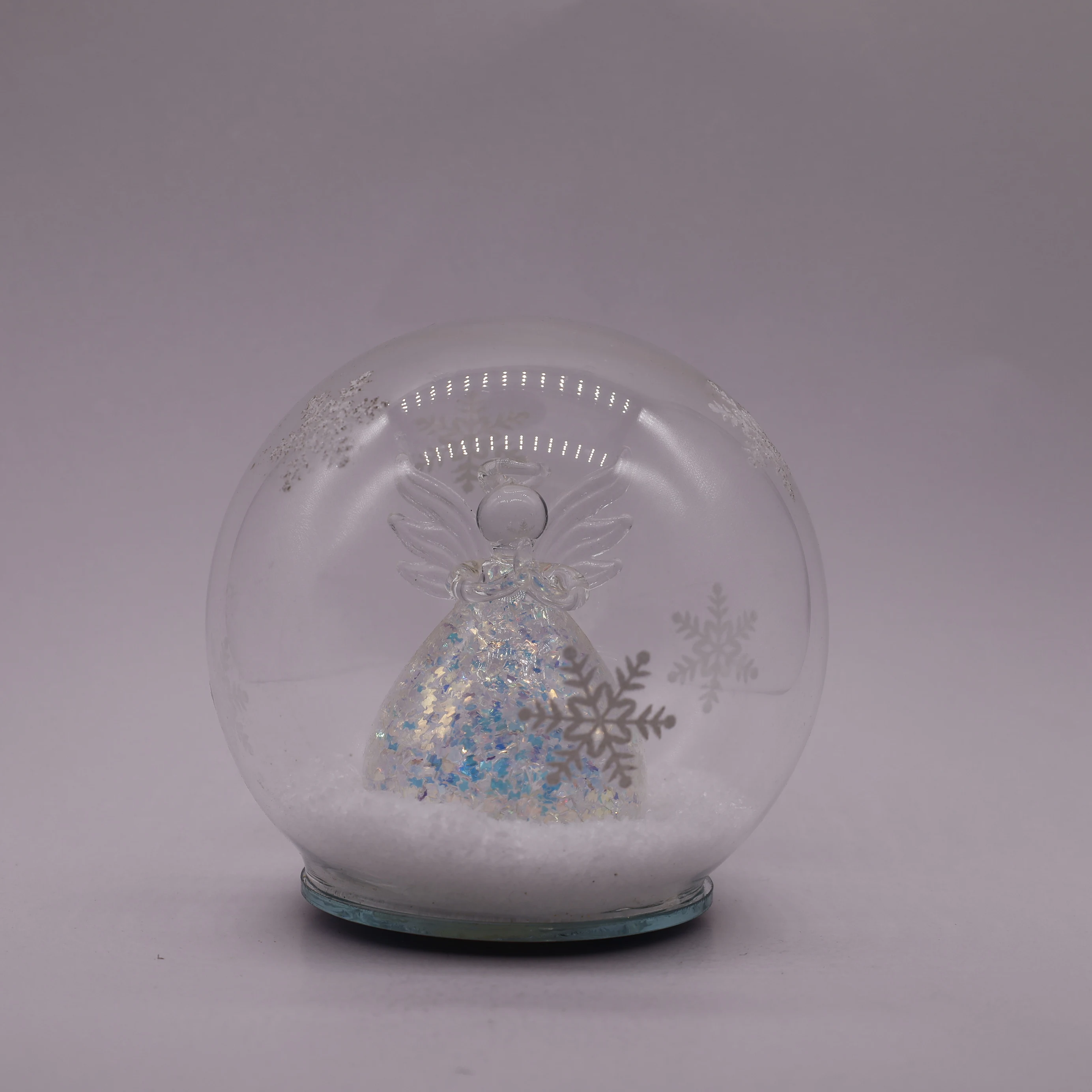 Christmas tree  glass baubles ball 12 cm LED snowflake patterned glass cover built in hand-brushed glass angel and snow powder