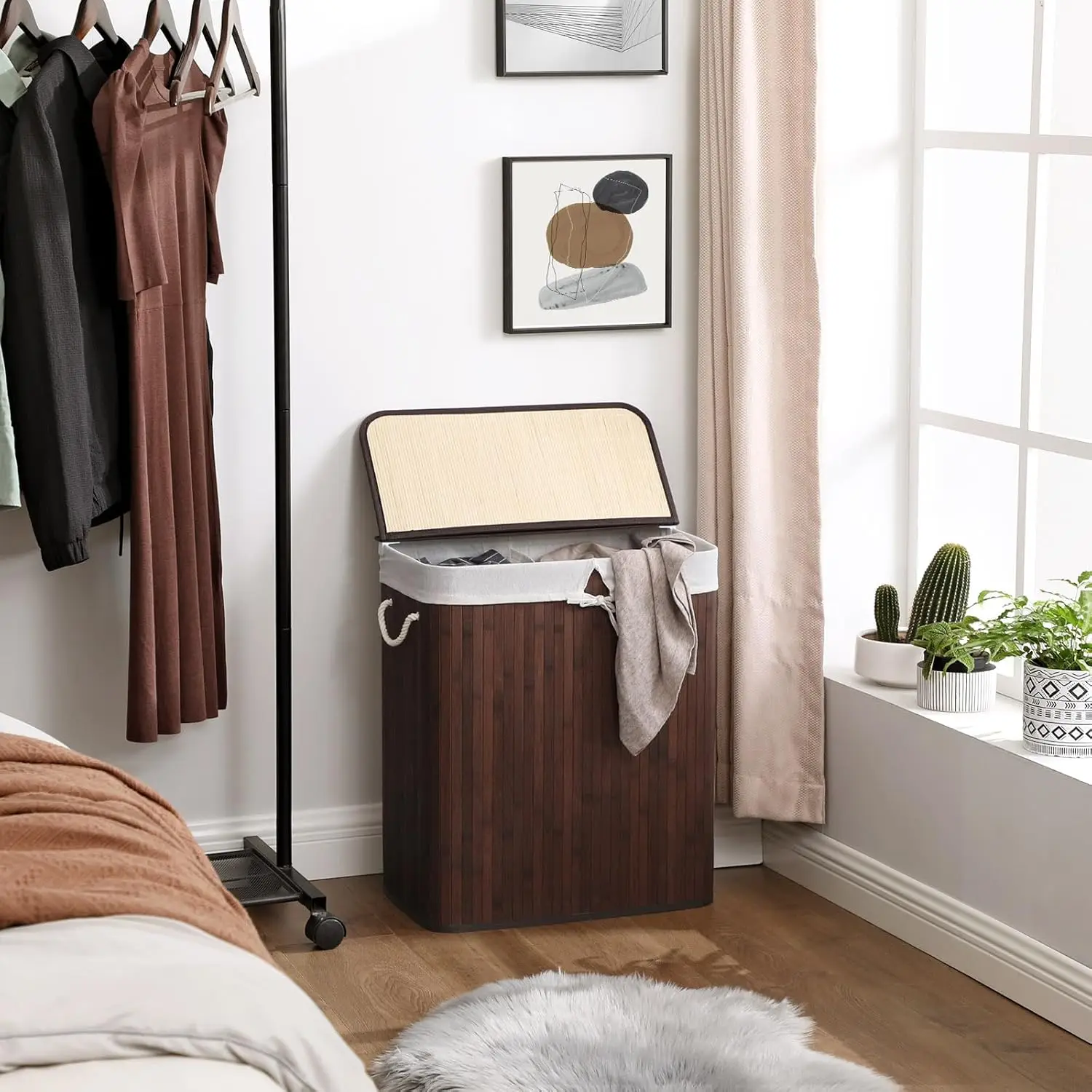 KUYUE Laundry Hamper, 2-Section Laundry Basket, Laundry Hamper with Lid, Bamboo, Foldable, Removable and Machine Washable Liner