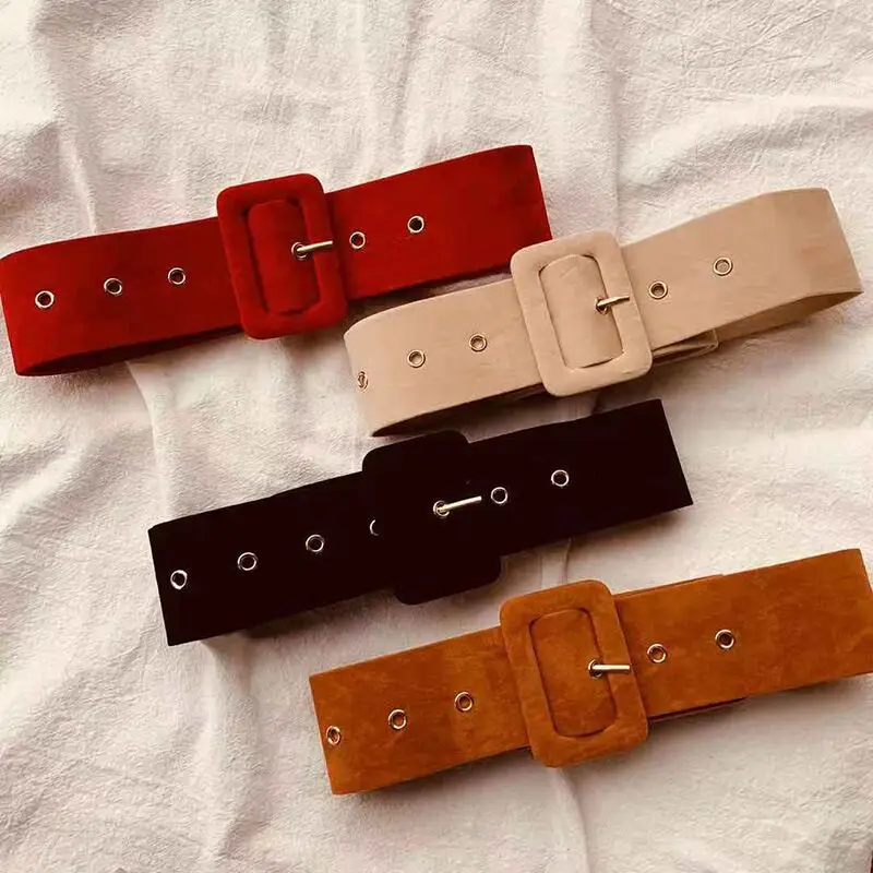 Women Long Soft Suede Belts Square Buckle  Autumn Winter Coat Belts Wild Style Waist Wrapped Flannel Vintage Eyelet Belts