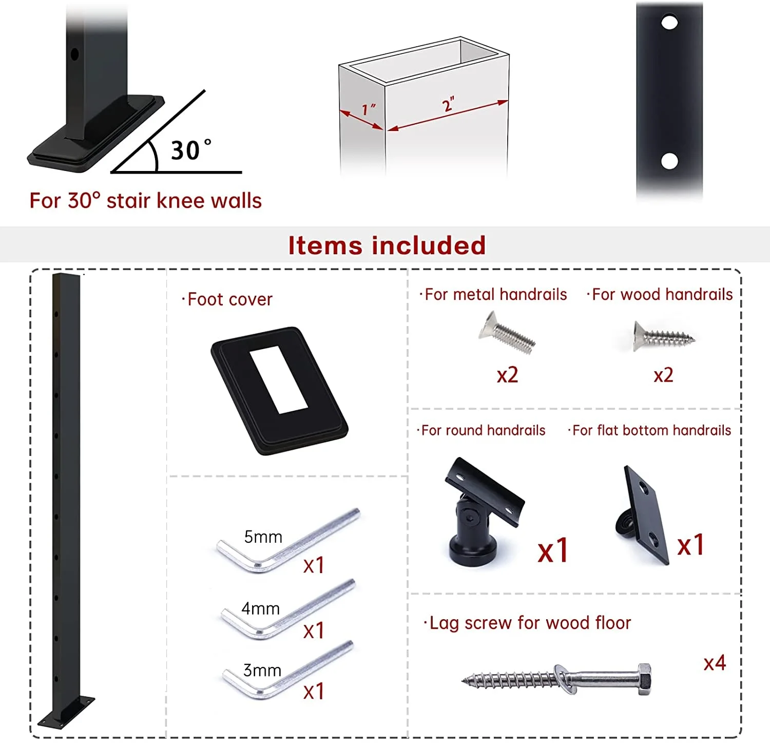 TAKA Assembled Weldless Stainless Steel Black Powder Coated Side Mount Surface Mount Posts Deck Stair Cable Railing Post
