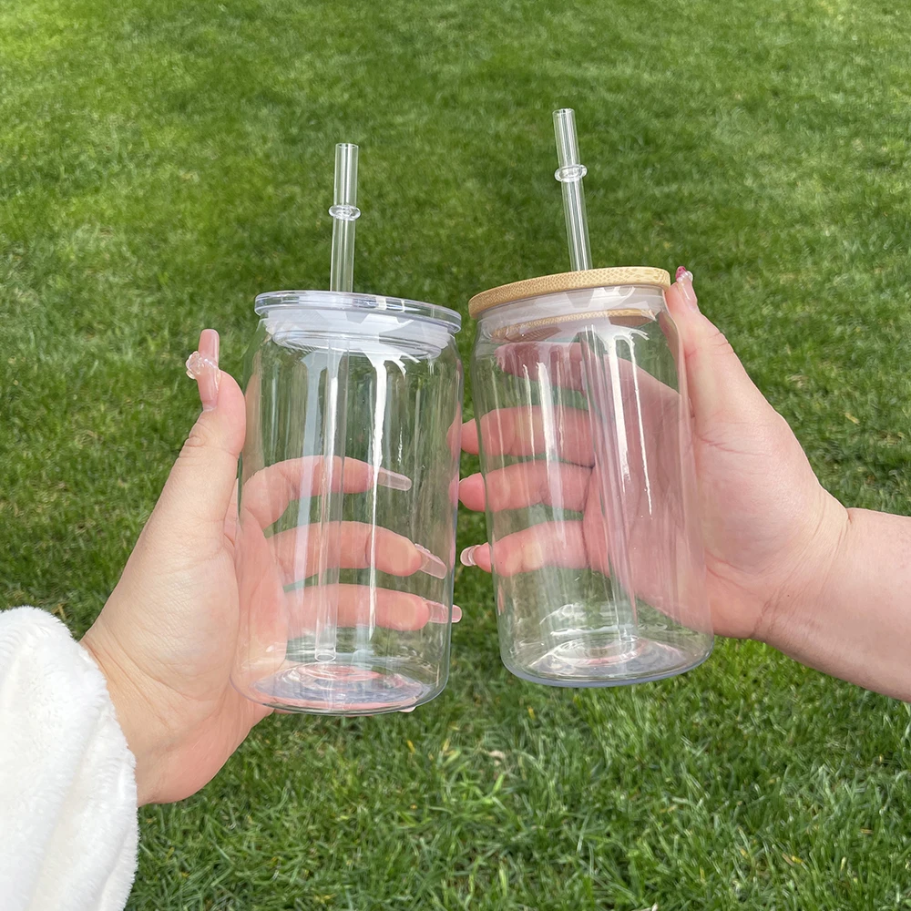 In Stock Acrylic Can Beer Glass 16oz with pp Lids and Wooden Lids Unbreakable 16oz 20oz Plastic Soda Beer Can for UV DTF Wraps