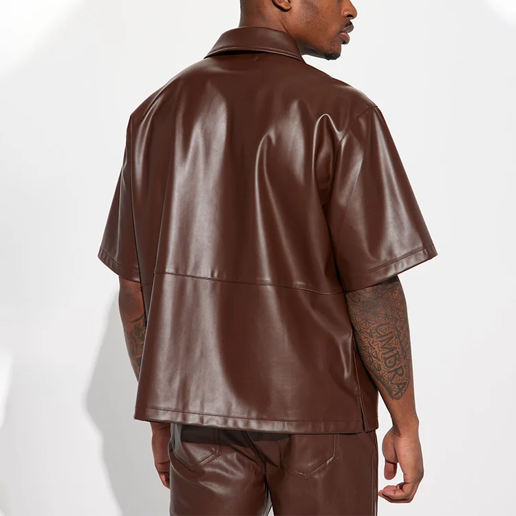 Black Summer Custom Logo Men Blank Faux PU Leather Short Sleeve Button Up Shirts