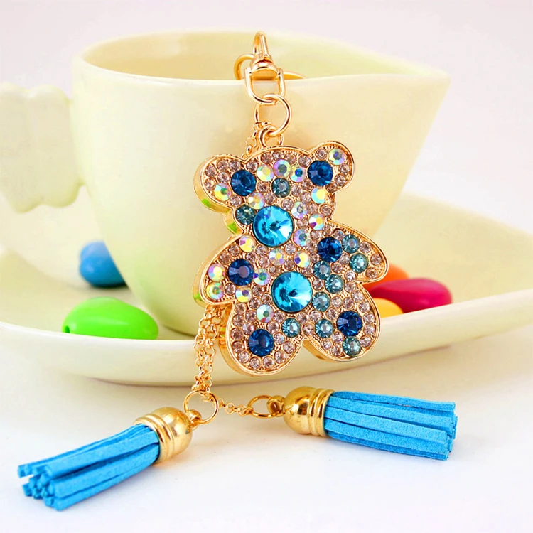 Cute doll key ring keychain handbag 3d metal rhinestone bear keychain with tassel for women money bag handbag pendant decoration