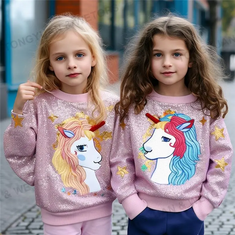 Cute Colorful Cartoon Unicorn Sequin Pullover Sweater For Girls Children