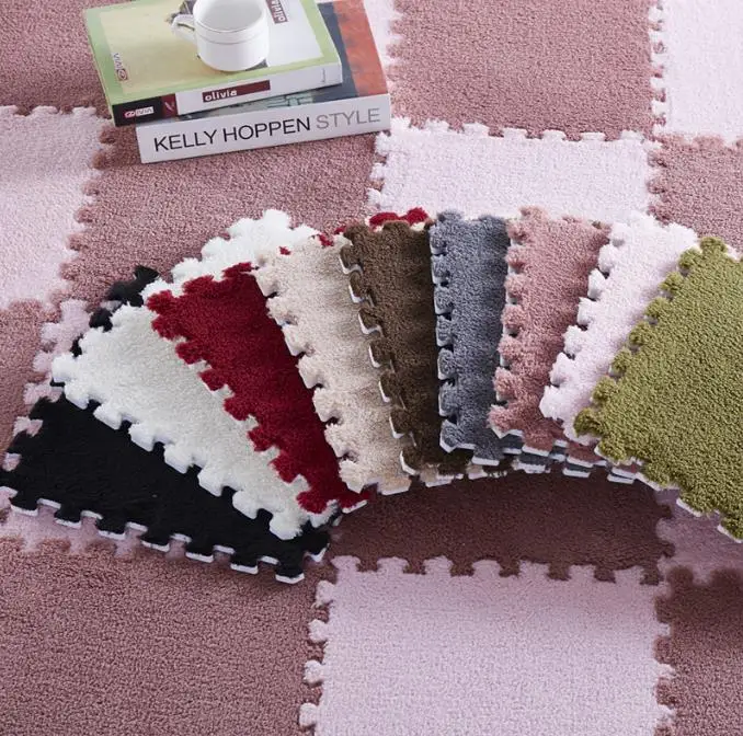 Wholesale interlocking puzzle floor mat Eva pile plush puzzle carpet hairy rug washable baby play plush puzzle foam floor mat