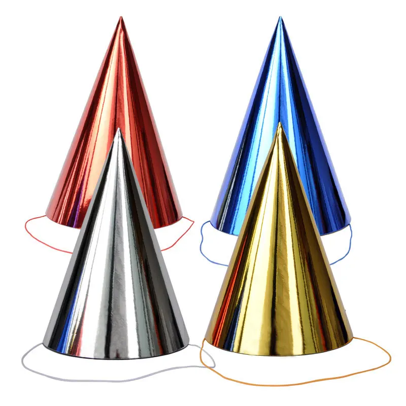 New Happy Birthday Kids Children Adults Metallic Paper Party Hat 4pk with String