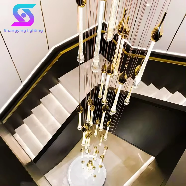 Hot Selling Products Rain Drop Luxury Gold Staircase Hotel Villa Modern Led Glass Chandelier Lamp