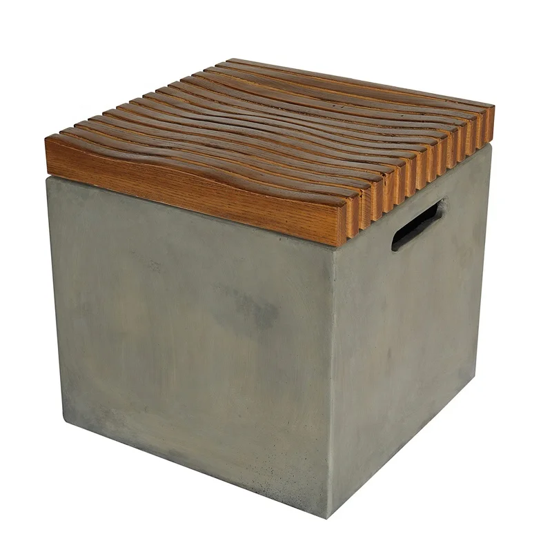 Wooden slat top grey cement bottom GRC GFRC square outdoor indoor ottoman step stool shower stool  foot stool