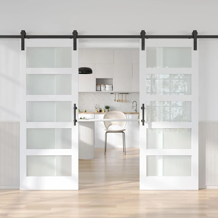 Modern solid wooden slide door design interior room classic combination white wood frame glass double sliding barn doors