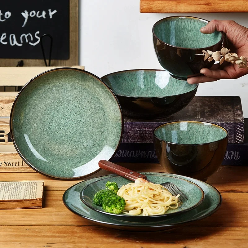 Hot selling Nordic style green reaction glaze luxury stoneware dinnerware set ceramic plate and bowl set