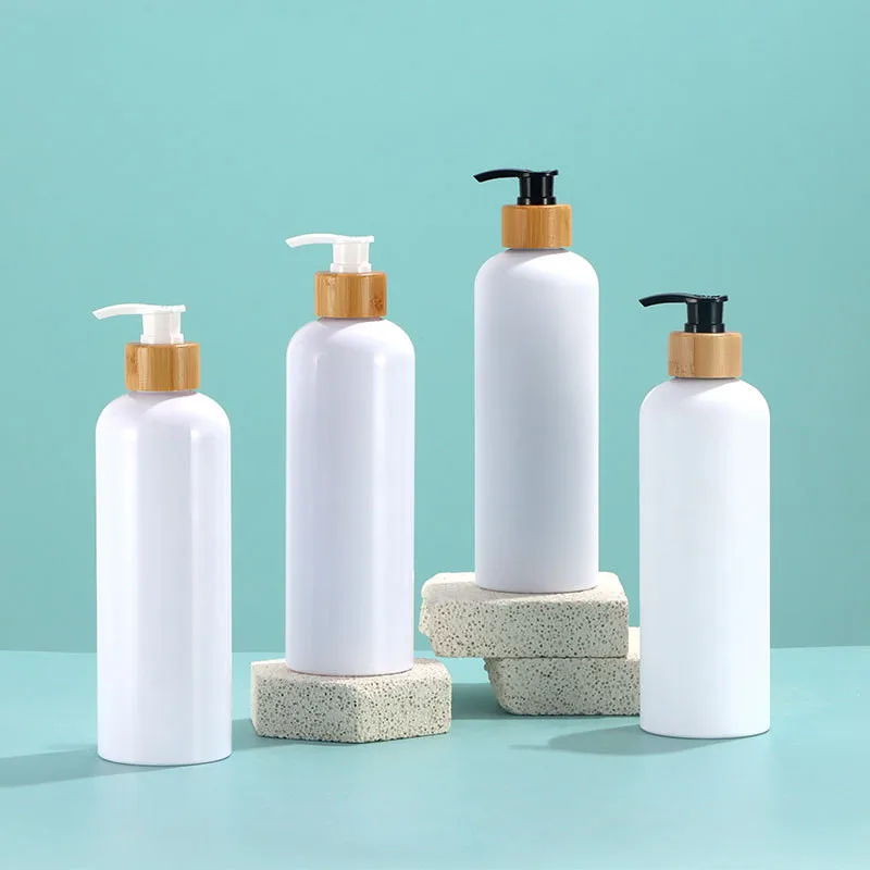 Free Sample Reusable 250ml 300ml Round Shoulder Bamboo Wood Pressed Emulsion Bottle for Cosmetic Packaging Frosted PET Bottle