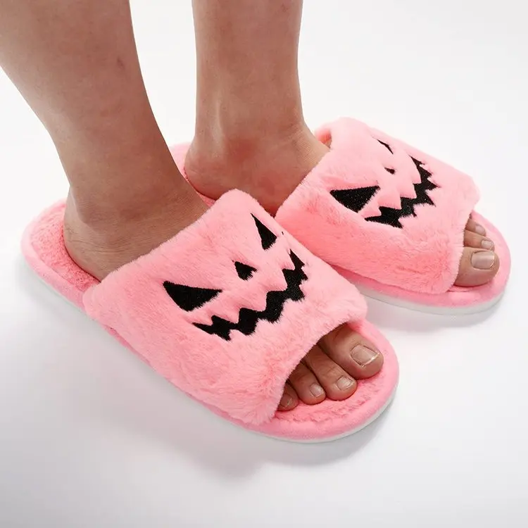 Halloween Pumpkin Lantern Slippers Autumn Soft Furry Comfort Closed Toe Slides Women Outdoor Slipper Zapatos Mujer Pumpkin Shoes