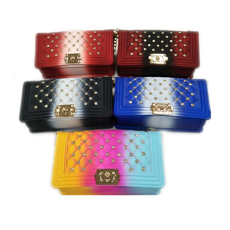 New Arrival Chain Rainbow Girl Shoulder Crossbody Bag Bling Crystal PVC Lock Jelly Bag For Women