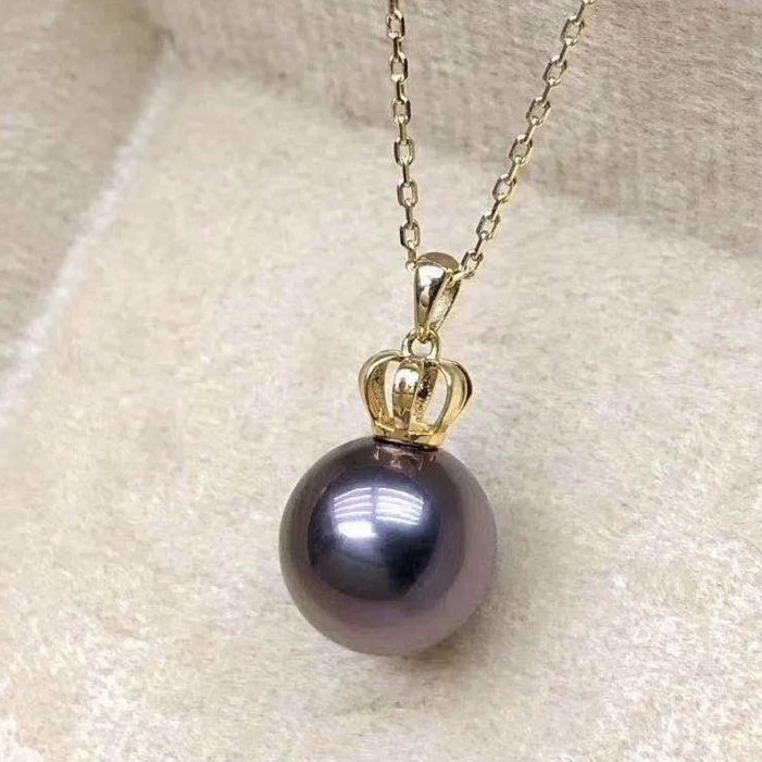 18K Gold Seawater Tahitian Black Pearl Small Crown Pendant 10-11mm Perfect Round Strong Light Flawless Silver Chain Jewelry