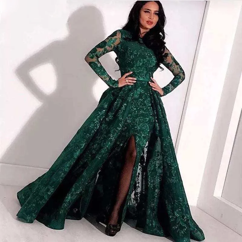 Limanying supply high quality Elegant Green Sequin Slit Prom Party Plus Size Long Sleeve Wedding Evening Dress