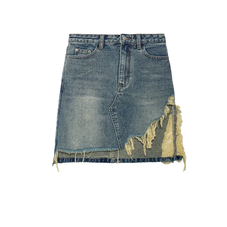 2024 New Label Washed Raw Edge Denim Skirt Custom High waist Jean A-line Skirt Denim Pencil Hole Skirts