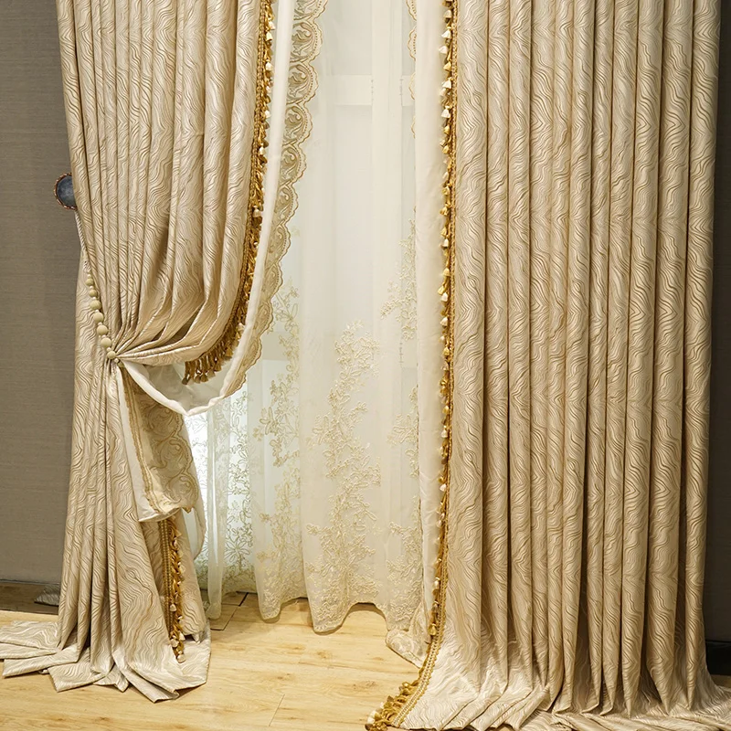 European-style high-end light brown flannel curtains beige embroidered villa shading custom curtains