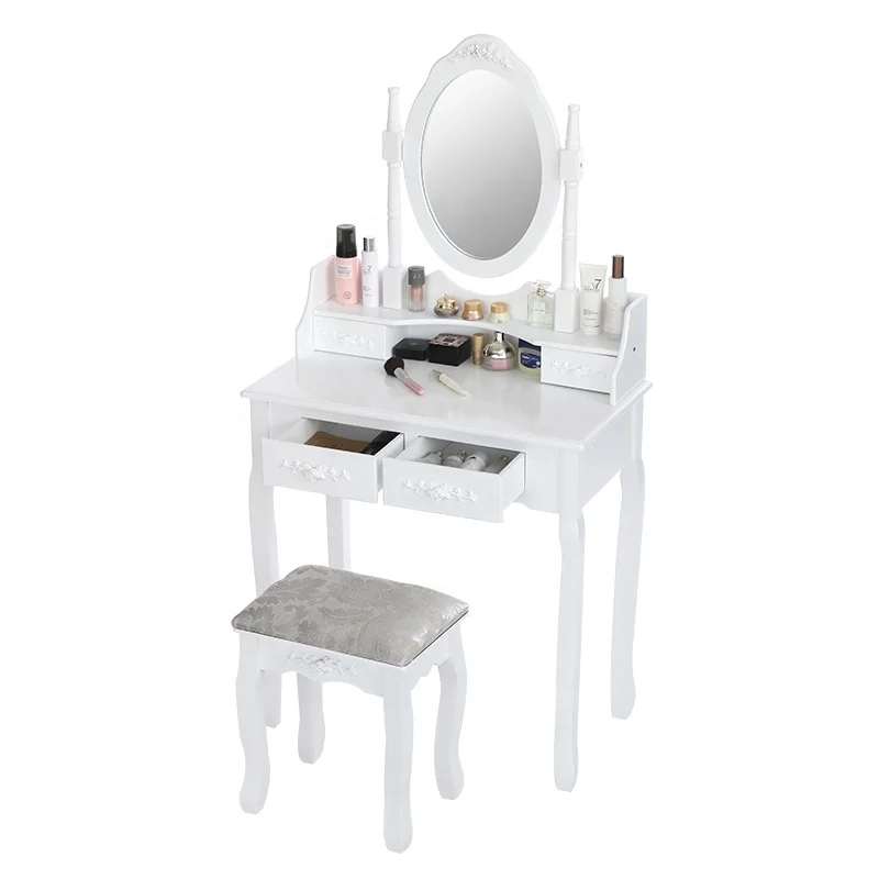 Bedroom Furniture Luxury Classic White MDF Wooden Mirrored Dresser Makeup Vanity Dressing Table with Drawers
