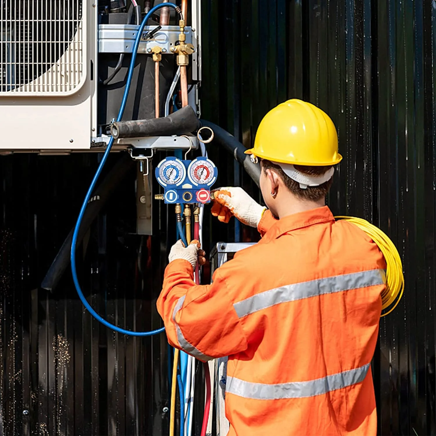 HVAC A/C Refrigeration Manifold Gauge Set Diagnostic R12 R22 R134a R410A with Hoses Adapter Adjustable Couplers