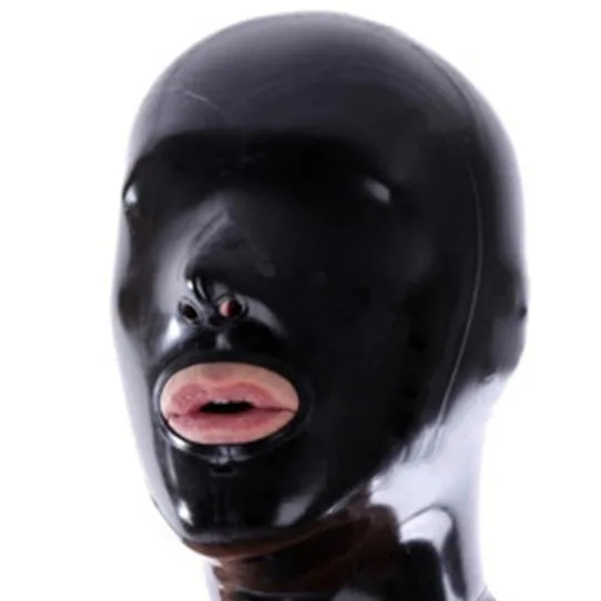 Latex Hood With Zipper Cosplay Fetish Party Black Cap Open Nose and Mouth