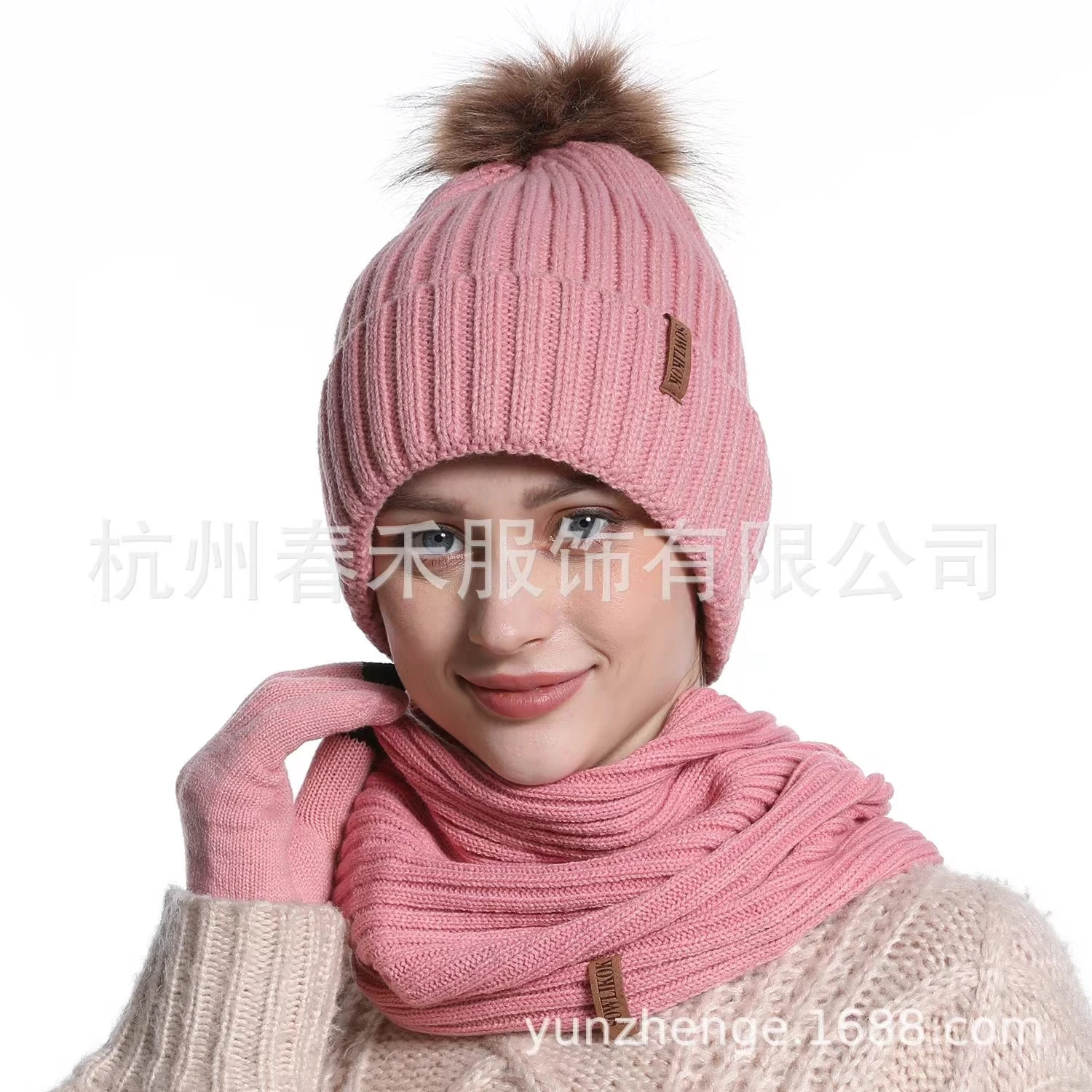 Wholesale Custom Logo Beanie Hat Scarf Glove Set For Adult Windproof Outdoor Sports Knitted Pompom Hat Neck Scarf Gloves Set