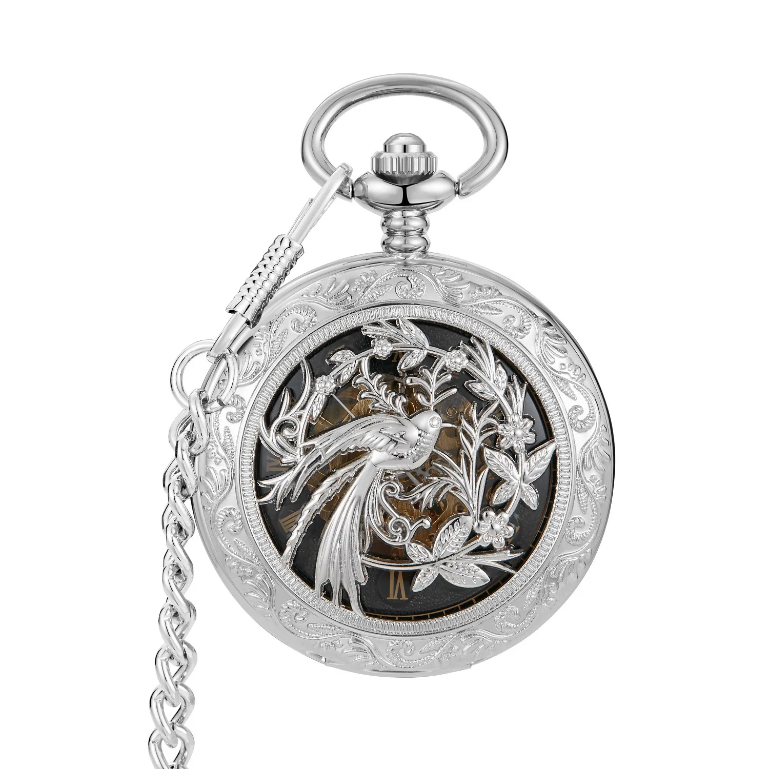 Silvery Bird Songs And Fragrant Flowers Retro Roman Watch Number Hand Wind Mechanical Pocket Watches