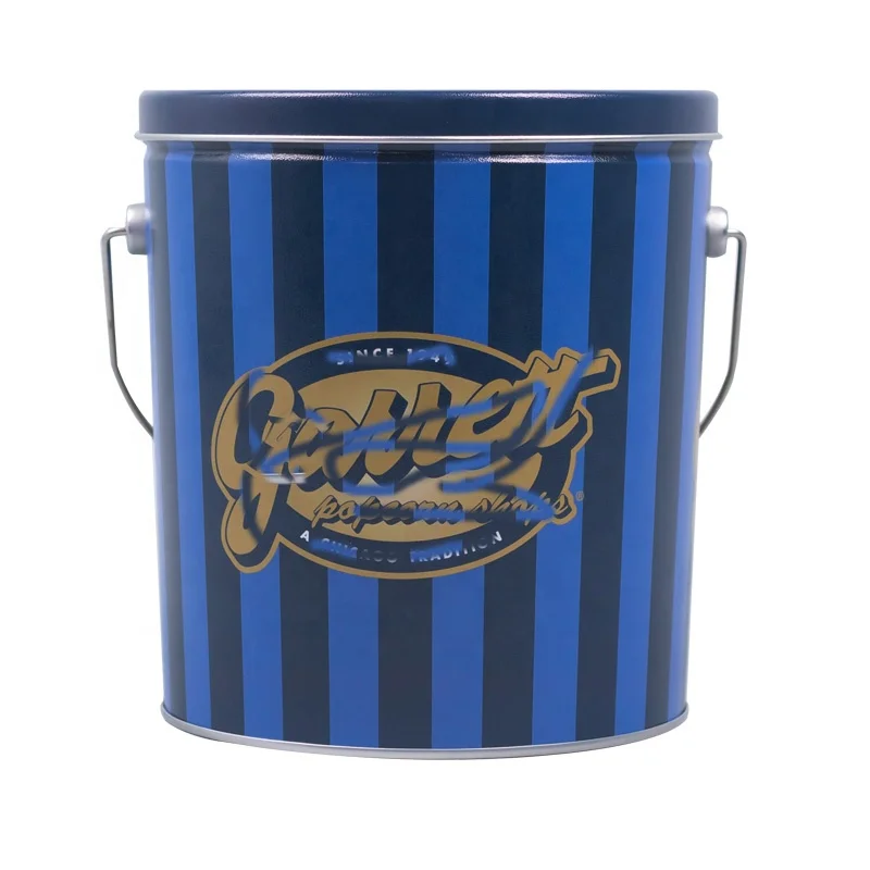 Customized Food Grade Metal Packaging Round Pop Corn Tin Bucket Tin Can With Lid and Handle