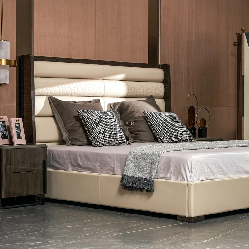 Italian Velvet Premium Bedroom Furniture letto lit bett Leather High Headboard Bed Metal Base King Size Bed Frame