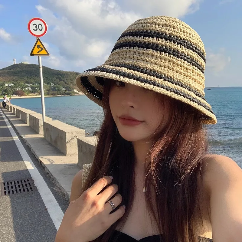 High Quality Wide Brim Raffia Crochet Soft Fold Paper Bucket Hats Breathable Striped Braid Floppy Fedora Custom Logo Straw Hats
