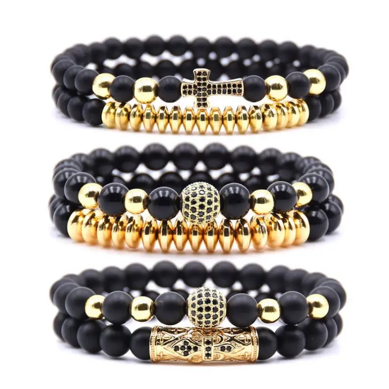 Micro Pave Zircon Crown King Charm 8mm Beads Bracelet His and Hers Couple Bracelet Natural Black Onyx Stone Bracelet
