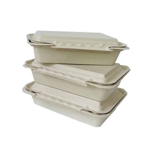 Disposable clamshell food containers compostable sugarcane bagasse lunch box plate dish oval round white & brown
