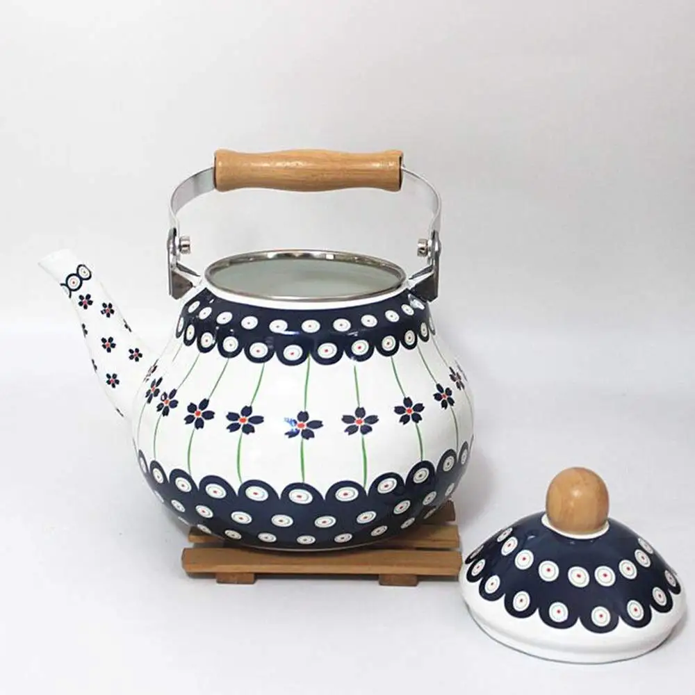 Traditional vintage 2L white cream ivory custom flower pattern whistle enamel metal kitchen coffee water coffee kettle teapot