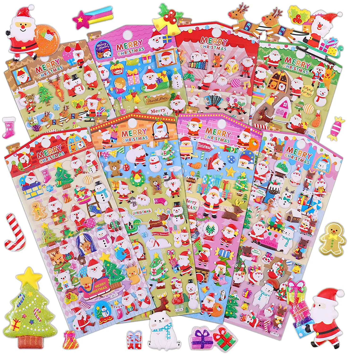 8 Different Sheets Christmas 3D Puffy Snowman Stickers for Kids Bulk Scrapbooking Stickers of Santa Claus socks for Christmas