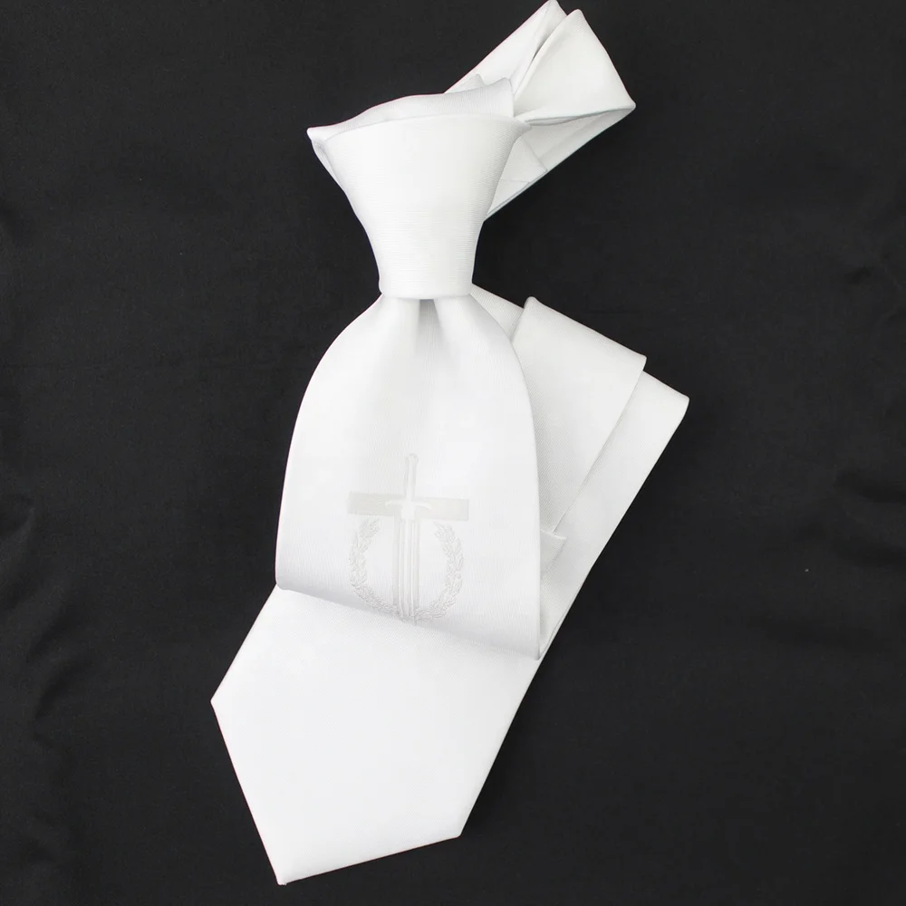 China Suppliers Wholesale 100 Polyester Twill Custom Woven Logo Cross Church Neckties White Sword Wreath Men Male Christian Tie