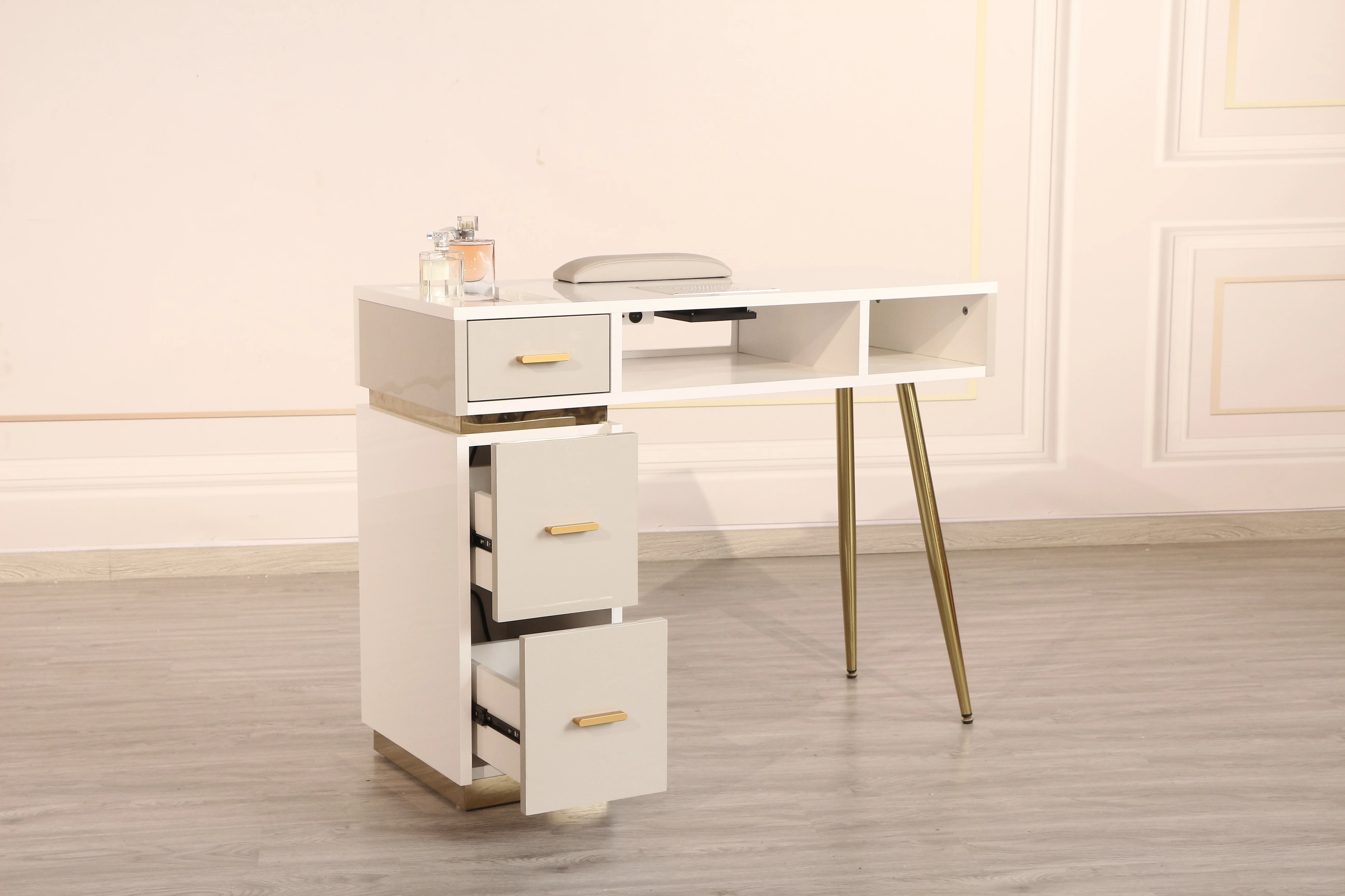 Cheap nail station white rectangle marble top golden legs nail manicure nail table for beauty shop